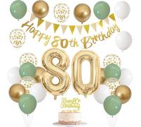 Sage Green Gold White 80th Birthday Decorations Set - Banners Balloons Cake Topper Sash Bunting Flags Number Helium Balloons for Men and Women Party Decor Set with DIY Assembly Set