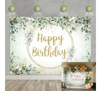 Sage Green Happy Birthday Backdrop 8x6FT Eucalyptus Greenery Leaves Neutral Birthday Photography Background Kids Adults Baby Shower Jungle Theme Party Decorations Background