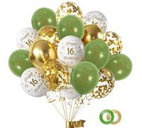 Sage Green Happy Birthday Balloons, 12 Inch Number 16 Confetti Latex Balloon, 16th Birthday Party Decorations for Girls Boys Baby Shower Wedding