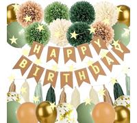 Sage Green Happy Birthday Party Decorations Happy Birthday Banner Tissue Paper Pom Poms Greenery Neutral Rustic Décor Supplies for Party Decor
