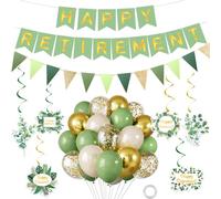 Sage Green Happy Retirement Banner Party Decorations for Women Men,Gold Green Pennant Banner with Haning Swirls & Balloons Neutral Retirement Party Decor Supplies