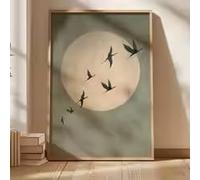 Sage Green Japandi Art Print - Large Abstract Sun and Flying Birds Wall Art, Canvas for Living Room and Bedroom Decor(30x45cm/Frameless)