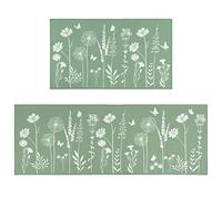Sage Green Kitchen Mat Set of 2 - Plant Floral Butterfly Rugs with Runner, Leaves Rugs for Home - 17x30 and 17x47 Inch