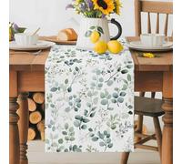 Sage Green Leaves Table Runner 13x108 Inches Long Eucalyptus Leaf Cotton Linen Table Runner Burlap Style for Dinner Table Party Decor Tabletop Decorations