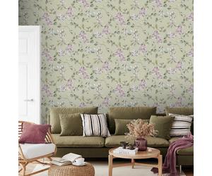 SAGE GREEN LILAC WALLPAPER ROSALIE FLORAL FLOWERS LEAF TRAIL RASCH 260652