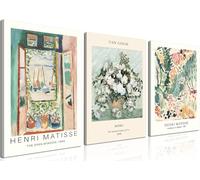 Sage Green Matisse Canvas Wall Art Set of 3 - Van Gogh Floral Pictures Wall Decor, Vintage Artwork Aesthetic Paintings Prints for Living Room Bedroom Bathroom 16x24 inch Framed