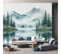 Sage Green Misty Forest Wallpaper - Watercolor Nature Foggy Mountain Lake Pine Tree Wall Mural - Wall Murals for Living Room Bedroom - Photo Wallpaper & Home Decor Art - 350 x 256 cm A617