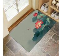 Sage Green Non-Slip Washable Doormat for Indoor, Red Lotus Non-slip Dirt Trapper, 50x70 cm Water Absorbent Floor Mat,Soft Chinese Ink Painting Flowers Doormats for front door, Entryway, Pets