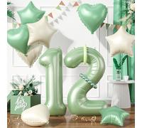 Sage Green Number 12 Balloons, Green 12 Number Balloons, 12th Balloon, Olive Green Cream Wihle Foil Star Heart Long Balloon For 12th 21st Birthday Party 1st 2nd Baby Shower Decorations