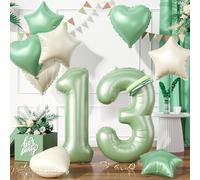 Sage Green Number 13 Balloons, Olive Green Cream Foil Star Heart With Long Balloons For 13th Birthday Party, Baby Shower Decor