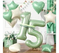 Sage Green Number 15 Balloons, Green 15 Number Balloons, 15th Number Balloon, Olive Green Cream Wihle Foil Star Heart Long Balloon For 15th Birthday Party 1st 5th Baby Shower Decorations