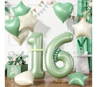 Sage Green Number 16 Balloons, Green 16 16th Number Balloons, Olive Green Cream Wihle Foil Star Heart Balloon With Long Balloon For 16th Birthday Party 1st 6th Baby Shower Anniversary Decor