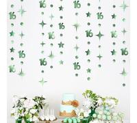 Sage Green Number 16 Circle Dot Twinkle Star Garland Hanging Streamer Bunting Banner Backdrop Decorations for Girls Happy 16th Birthday Sweet Sixteen 16th Anniversary Cheers to 16 Years Party Decor