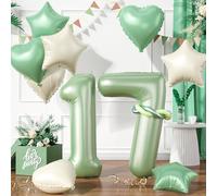 Sage Green Number 17 Balloons, Green 17 Number Balloons, 17th Number Balloon, Olive Green Cream Wihle Foil Star Heart Long Balloon For 17th 7th 71st Birthday Party 1st Baby Shower Decorations