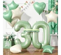 Sage Green Number 30 Balloons, Green 30 Number Balloons, 30th Number Balloon, Olive Green Cream Wihle Foil Star Heart Long Balloon For 30th 3 30 Years Old Birthday Party 3rd Baby Shower Decorations
