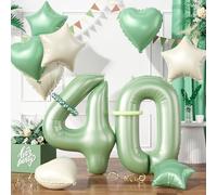 Sage Green Number 40 Balloons, Green 40 Number Balloons, 40th Number Balloon, Olive Green Cream Wihle Foil Star Heart Long Balloon For 40th Birthday Party 4th Baby Shower Decorations