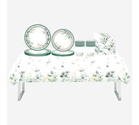 Sage Green Party Tableware Set,69Pcs Eucalyptus Leaf Plastic Table Cloth,Paper Plates,Napkins and Cups for Birthday Baby Shower Boho Wedding Engagement Baptism Sage Green Party Supplies Decorations