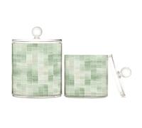 Sage Green Pastel Plaid Clear Plastic Food Organizer Storage with lid Bathroom Essentials Decorative Dental floss storage jar for Cotton Swabs,Cotton Pads,Floss Picks,Paper Clips,Hair Clips 2
