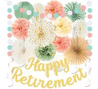 Sage-Green Peach-Pink Retirement Party Decorations for Women, 1pcs Happy Retirement Banner and 20pcs Accessories, Paper Lanterns and Pom Poms, Honeycomb Ball for Retire Party with Indoor and outdoor
