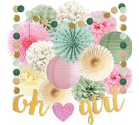 Sage Green Pink Baby Shower Decorations for Girl Oh Girl Banner Tissue Paper Pom Poms Flowers Paper Fans Circle Dot Garland Neutral Party Supplies Baby Girl Gender Reveal Birthday Party Decorations