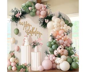 Sage Green Pink Balloon Arch Kit, 115Pcs Green and Retro Pink Balloon Garland with Dusty Peach Orange White Latex Balloons for Baby Shower Birthday Wedding Jungle Safari Wild Flower Theme Party Decor