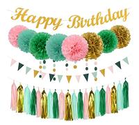 Sage-Green Pink Mint Gold Birthday Decorations - 31pcs Party Kits Happy Birthday Banner Flags,Tissue Paper Pom Poms,Circle Dots Garland,Tassel Streamers,40th 50th 60th Women Men Birthday Decor