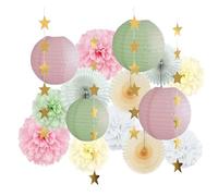 Sage Green Pink Paper Party Decorations, Paper Decorations Hanging Lanterns, Pink White Tissue Paper Pom Poms Sage Green Party Flowers Decoration for Birthday Baby Shower Bridal Engagement
