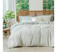 Sage Green Queen Size Comforter Set Striped 100% Soft Washed Microfiber Jacquard 3 Pieces Striped Bedding Sets Green White Comforter Queen for All Seasons and 2 Pillowcases Comfort Breathable