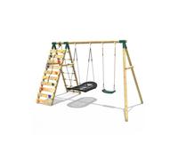 (Sage, Green) Rebo Wooden Swing Set with Up and Over Climbing Wall