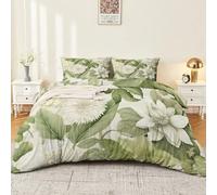 Sage Green Reversible Durable Duvet Cover - Retro Plants Flowers Printed Easy Care Bedding 3 Piece Set, Super King Size Soft Lightweight Quilt Cover Set with Zipper