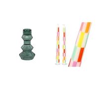 Sage Green Ribbed Tall Holder & Checkered Tapered Dinner Candles Bundle