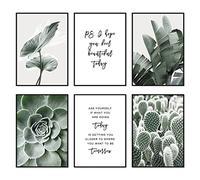 Sage Green Room Decor Botanical Wall Art Prints Bathroom Inspirational Quotes Wall Art Bedroom Boho Motivational Wall Decor Plant Leaves Poster Set of 6(A4 21x29.7cm, Unframed)