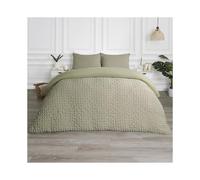 (Sage Green, Single) OHS Quilted Seersucker Duvet Set Geo Filled Plush Plump Warm Soft Cosy Duvet Cover With Pillowcase Bedding Set Single Double King Super King