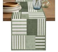 Sage Green Striped Blocks Table Runner, Abstract Scandinavian Olive Green Block Cotton Linen Kitchen Dining Table Runner Home Decor for Party Festival Holiday Decoration Gift 18x72in