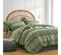 Sage Green Tufted Comforter Set Queen Size 7 Piece Bed in a Bag, Shabby Chic Boho Comforter and Sheet Set, Pom Pom Textured Bed Set, All Season Soft Microfiber Complete Bedding Set(Green,Queen)