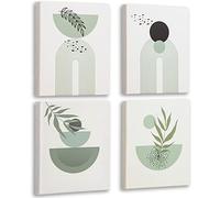 Sage Green Wall Decor,Minimalist Boho wall art, Geometric with Green Leaves, Framed Canvas Wall Art,Bohemian Wall Decor for Living Room Bedroom Bathroom Office Aesthetic Set of 4, 8x10in (Framed)