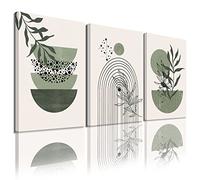 Sage Green Wall Posters & Prints, Green Boho Wall Art Set of 3, Minimalist Framed Wall Art Geometric Line Leaf Sun Moon Beige Green Canvas Artwork Paintings