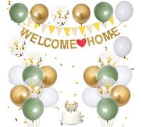 Sage Green Welcome Home Decorations, 12 Inch White Gold Welcome Home Banners Bunting Balloons and Cake Topper Set, Confetti Latex Balloons for Home Family Wedding Baby Shower Party Decorations
