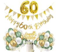 Sage Green & White Gold 60th Birthday Decorations Set - 24pcs Balloons, Banner, Foil Balloons, Ribbon, Cake Topper