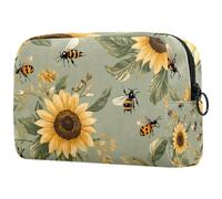 Sage Green with Cute Sunflowers Bees Cosmetic Makeup Bag Small Travel Zipper Pouch Portable Toiletry Bag Makeup Organizer for Women Girls