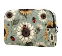 Sage Green with Sunflowers and Bees Seamless Pattern Cosmetic Makeup Bag Small Travel Zipper Pouch Portable Toiletry Bag Makeup Organizer for Women Girls