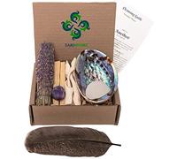 Sage Kit - Abalone Shell for Smudging ~ Palo Santo Sticks ~ 2 inchTripod Stand ~ 8 inch Feather and White Sand (Lavender Flower)