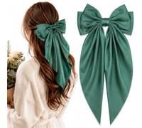 Sage Whisper Large Satin Bow Hair Clip - French Style Long Ribbon Barrette with Oversized Soft Satin Bow, Secure Clip for Chic Ponytails, Elegant Updos, Quiet Luxury Looks & Feminine Styling