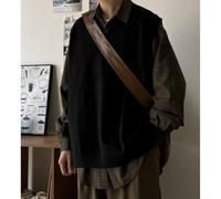 SageFurned Men's Knitted Pullover Vest Long Sleeves Classic Solid Colour Loose Fit Cardigan for Office Everyday Spring Winter (Black M)