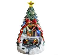 SageFurned Selections Santa Christmas Scene Resin Village Ornament with Lights，LED Lit Resin Music Box With Rotating Train And USB/Battery Power Options, Christmas House(Treehouse 7)