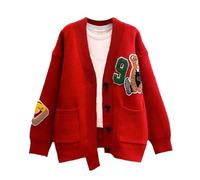 SAGGION Women Cartoon Graphic Sweaters Embroidered Graphic V Neck Cable Knit Cardigan Button Long Sleeve Loose Knit Sweater