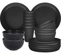 Sagiterra Tableware for 6, 18-Piece Lightweight Shatterproof Set, 23cm Plates, 15cm Bowls, Cups, Kitchen Plates and Bowls (Black)