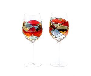 Sagrada Barcelona Large Wine Glasses 29 Oz Artistic Hand Painted Handcrafted Stained Crystal Glassware, Unique Gaudi Gifts Birthdays Weddings (Set 2, Red)
