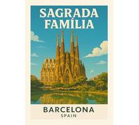 Sagrada Familia Barcelona Spain Vintage Travel Art Print, Cathedral Architecture Wall Poster. Size A4