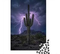 Saguaro Cactus in Desert Lightning Storm 1000 Piece Jigsaw Puzzle, 52x38cm/1000pcs, for Adults, Quiet Home Activity, Focused Puzzle Time And Time at Home
